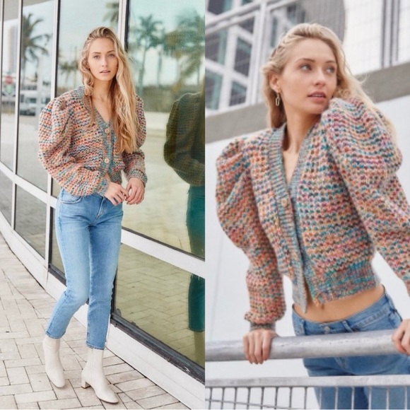 NWOT Ulla Johnson Fiora Wool Puff Sleeve Rainbow Cardigan Sweater Size Small - Picture 2 of 9